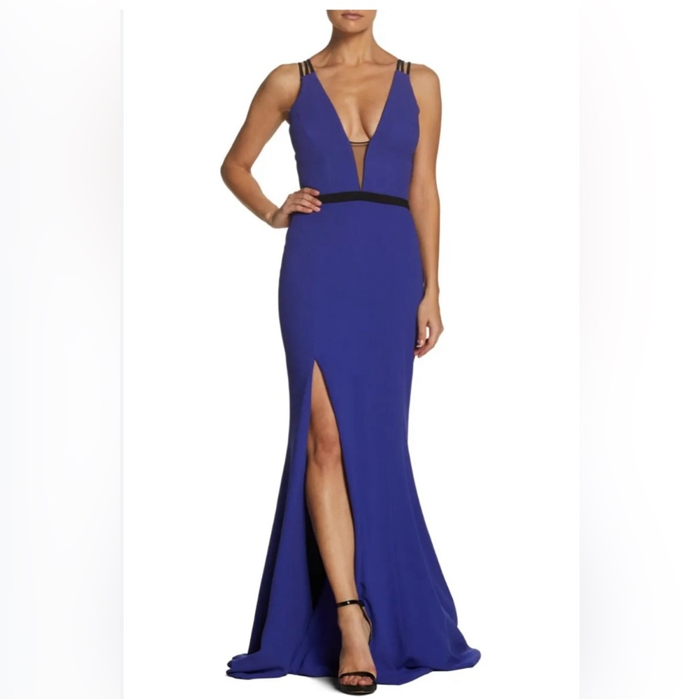 Dress the population belted crepe gown
